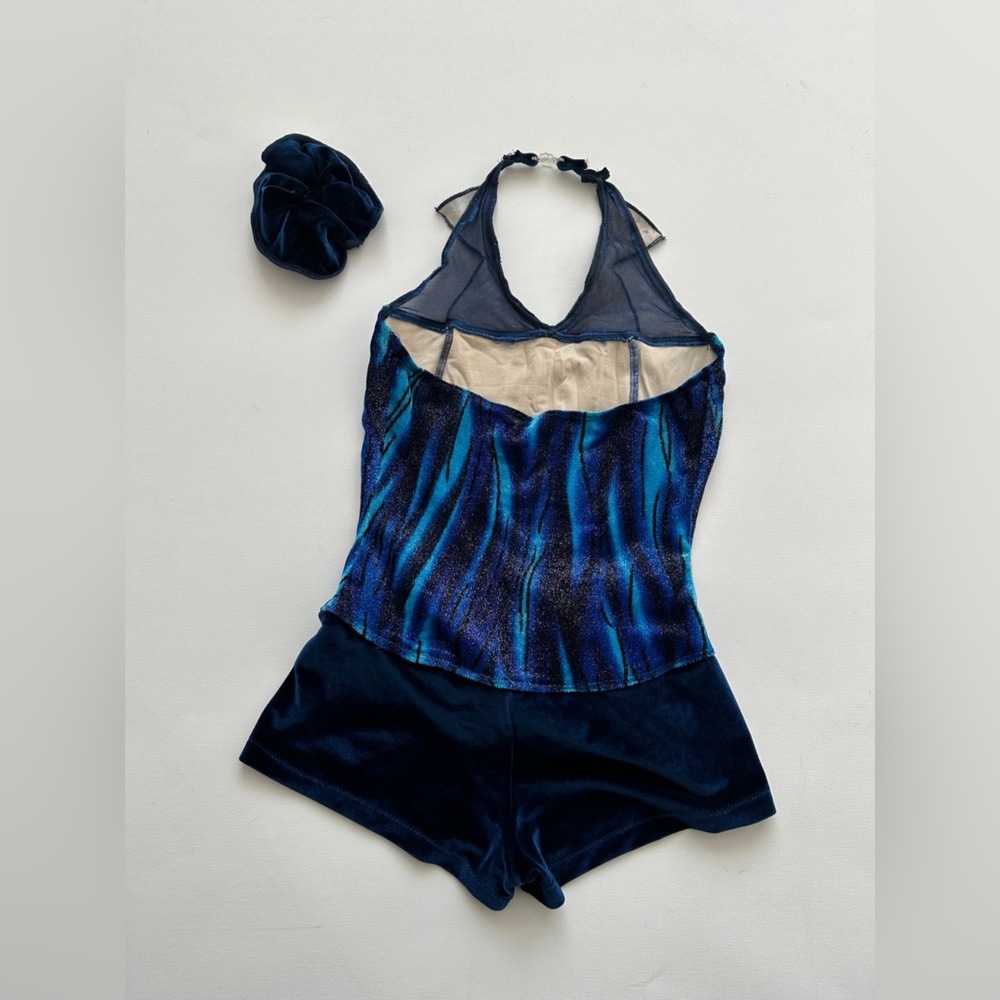 Figure Skating/Dance Wear - Halter Short One Piece-Blue-Scrunchie- Size 12 (Est) - Picture 5 of 11